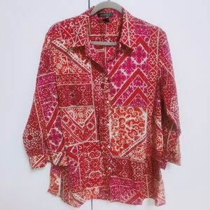 Lauren Ralph Lauren Paisley Print Blouse Top Shirt Cotton 3/4 Sleeve Sz 2XL